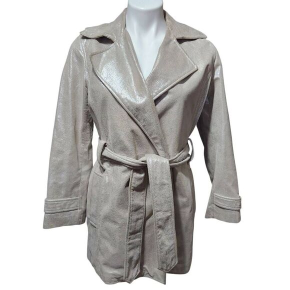 Chico's Women's Silver Twinkle Reese Trench Coat Genuine Leather belted Size 0/4 - Picture 1 of 10